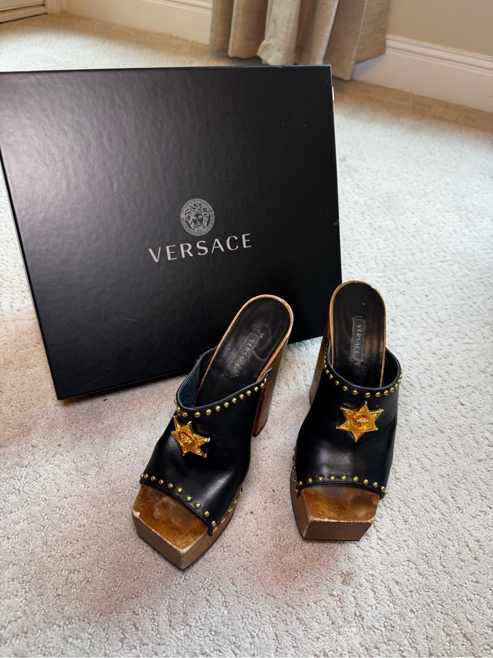 Versace Black Leather Platform Clogs with Gold Star and Studded Details Size 6.5
